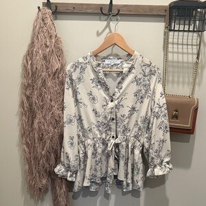 Sweet Rain Black and White Floral Peplum Blouse